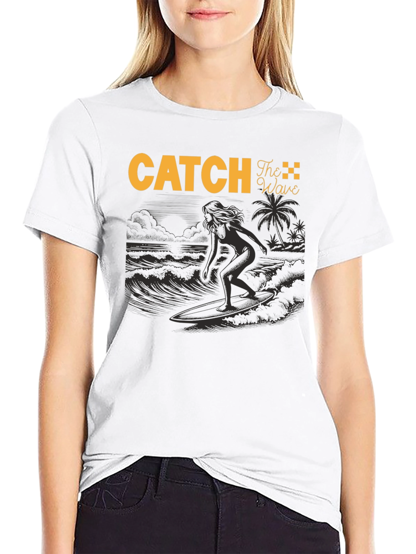 Catch The Wave Black T-Shirt Surfing Design