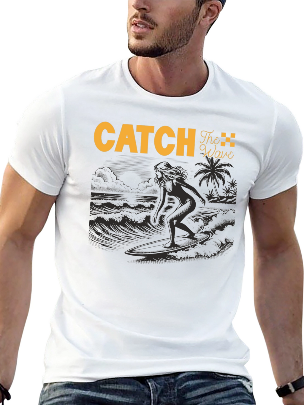 Catch The Wave Black T-Shirt Surfing Design