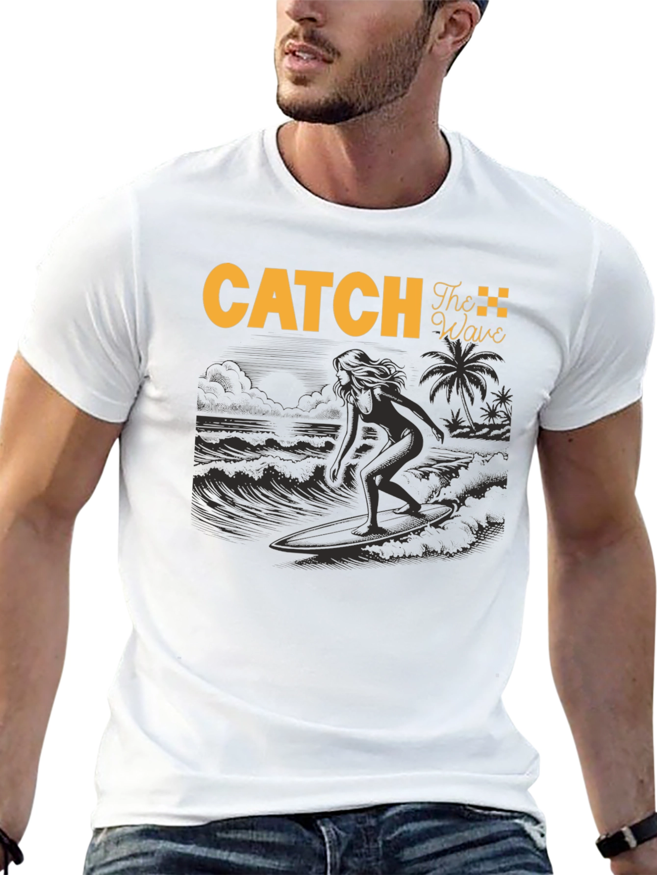 Catch The Wave Black T-Shirt Surfing Design