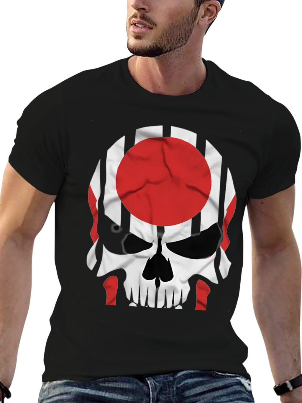 Skull Japan Flag Graphic Tee - Mens Black T-Shirt