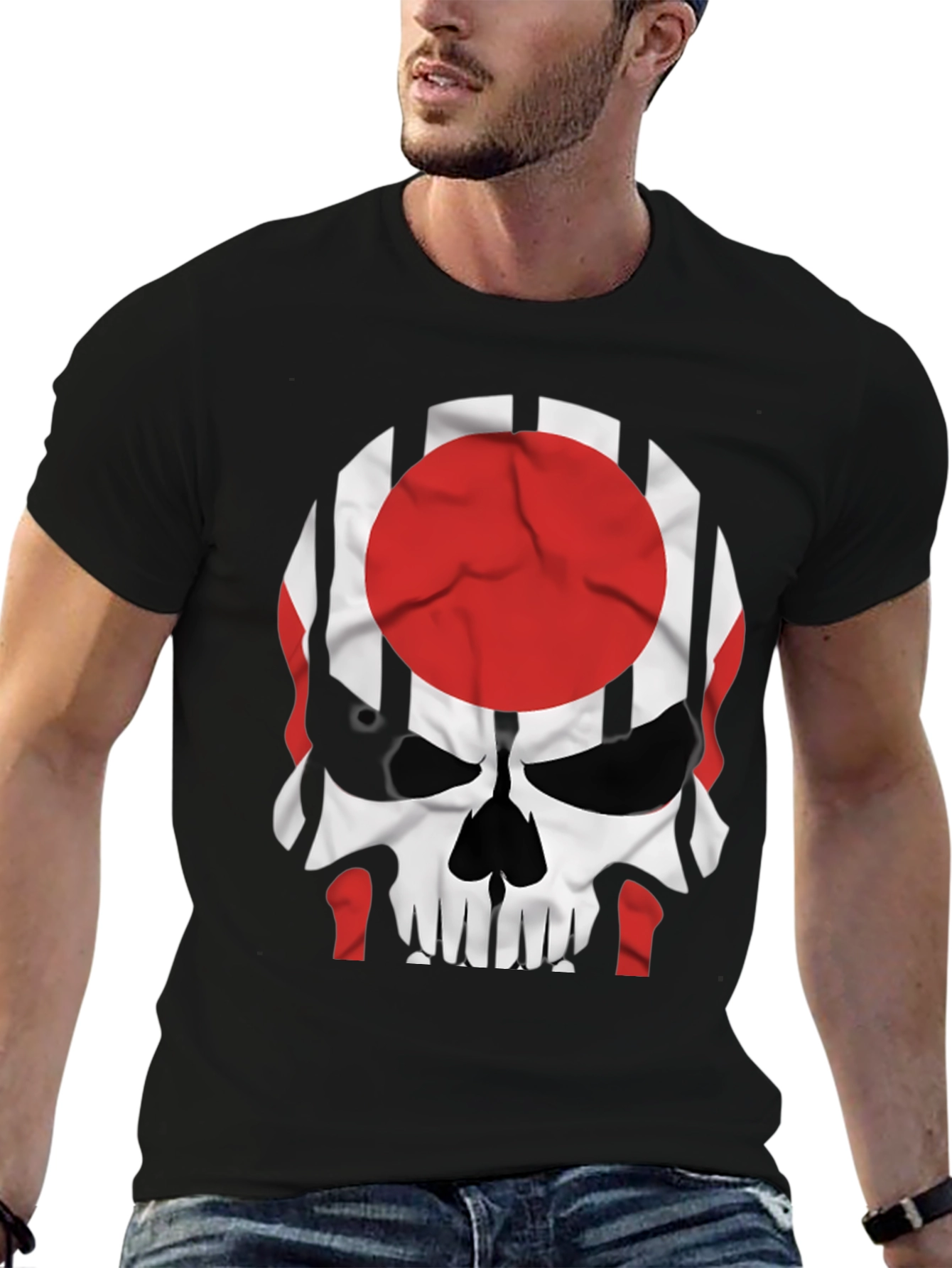 Skull Japan Flag Graphic Tee - Mens Black T-Shirt