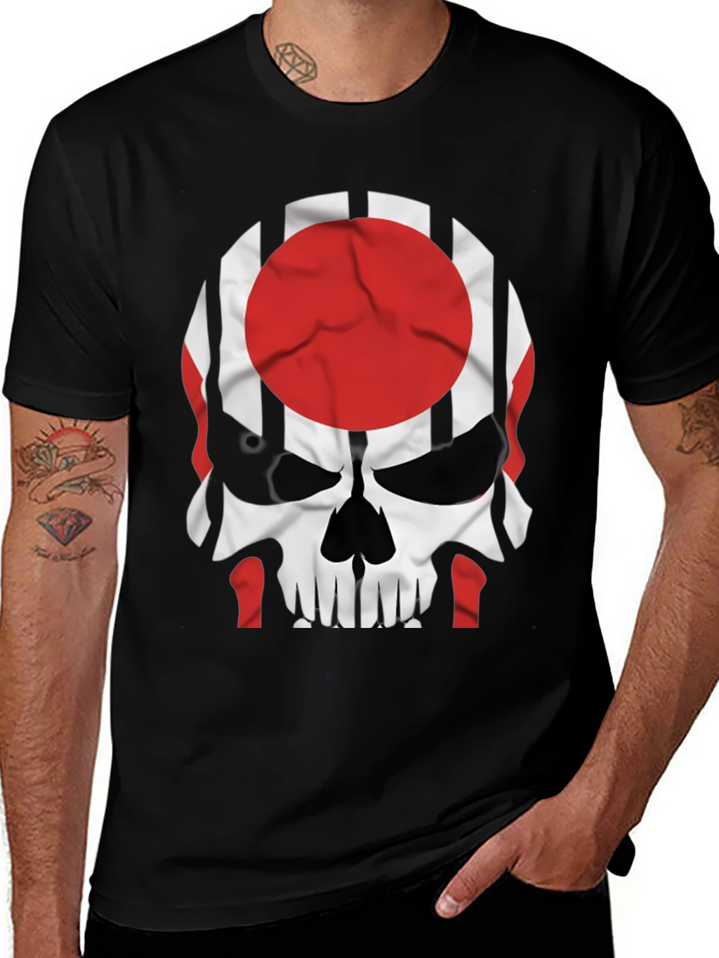 Skull Japan Flag Graphic Tee - Mens Black T-Shirt
