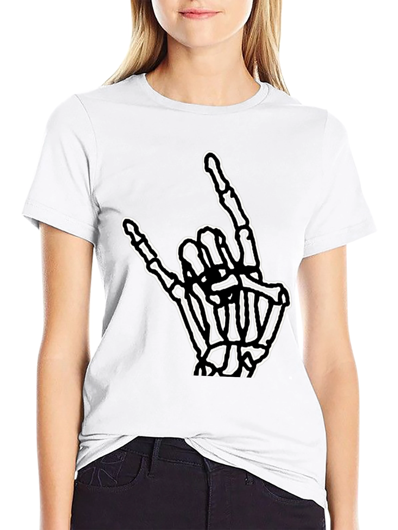 Rock On Skeleton Hand Graphic Tee - Black