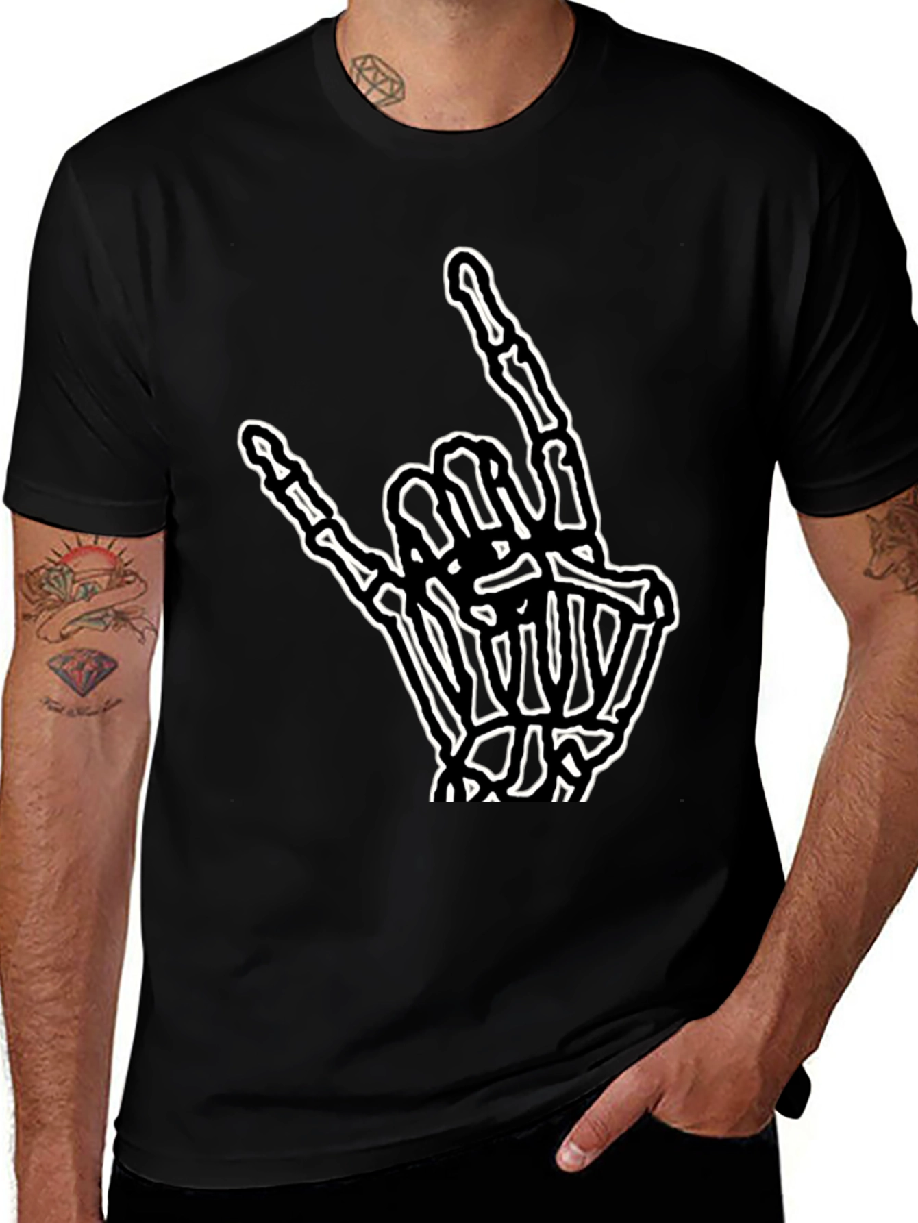 Rock On Skeleton Hand Graphic Tee - Black