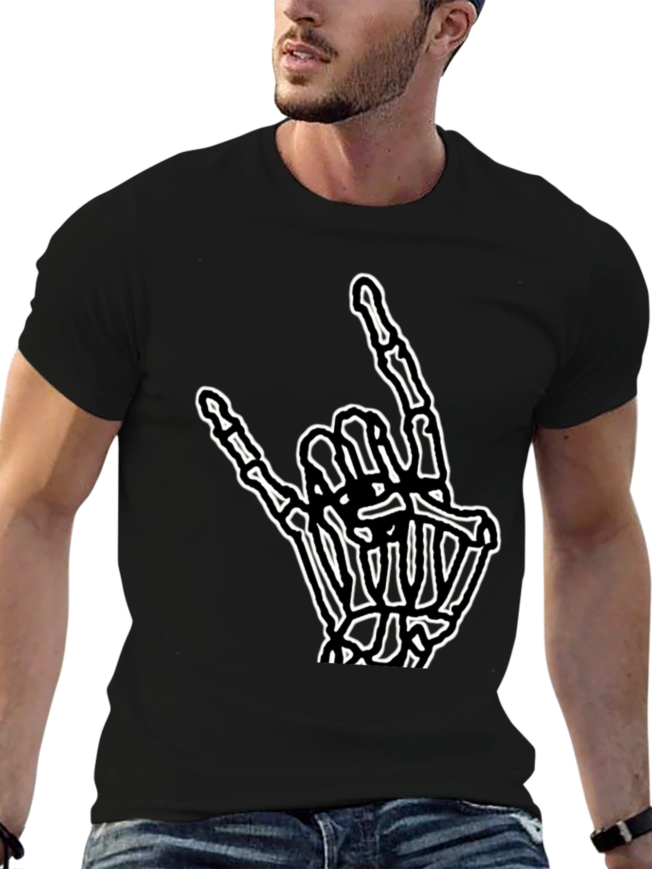 Rock On Skeleton Hand Graphic Tee - Black