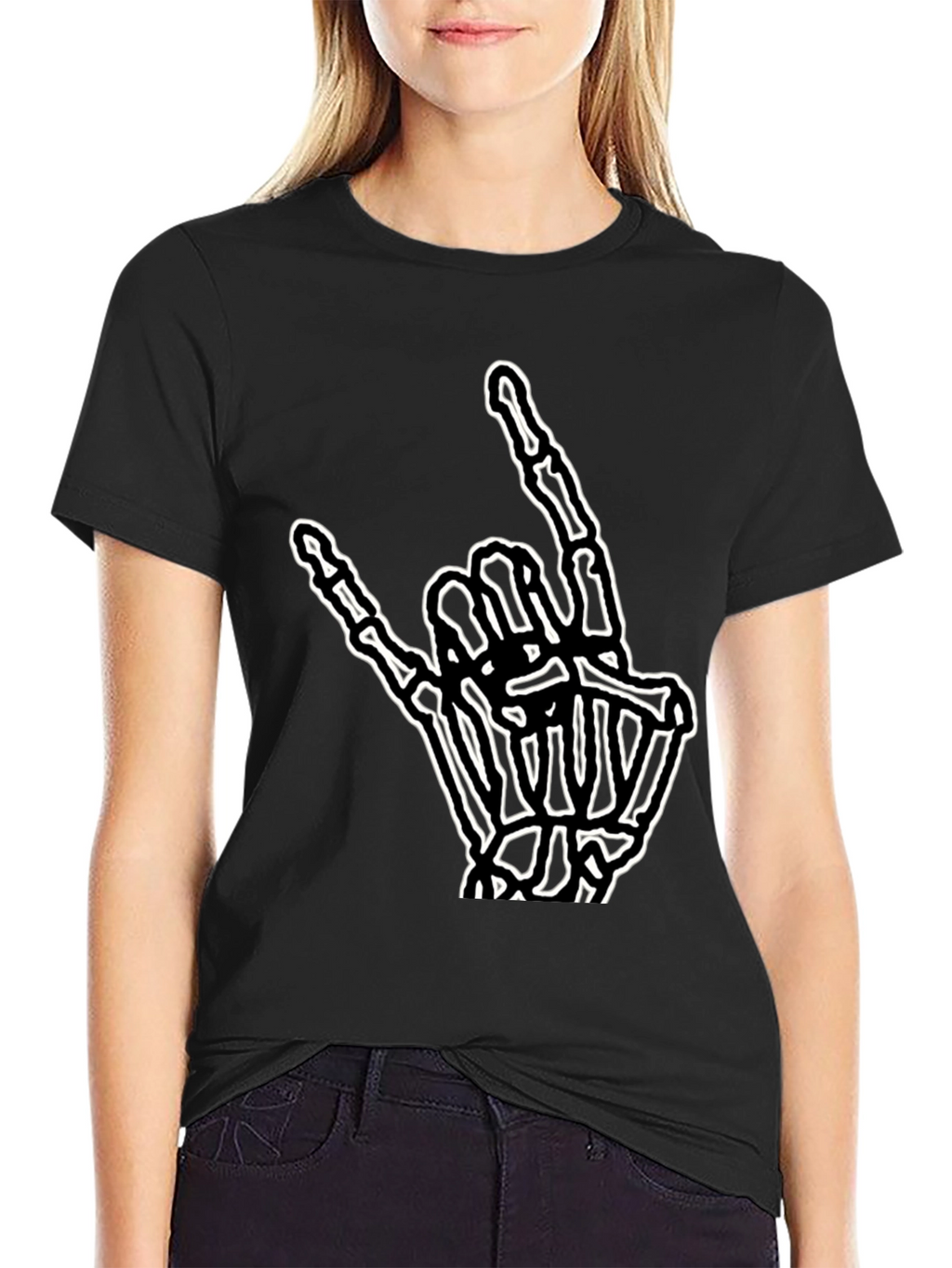Rock On Skeleton Hand Graphic Tee - Black