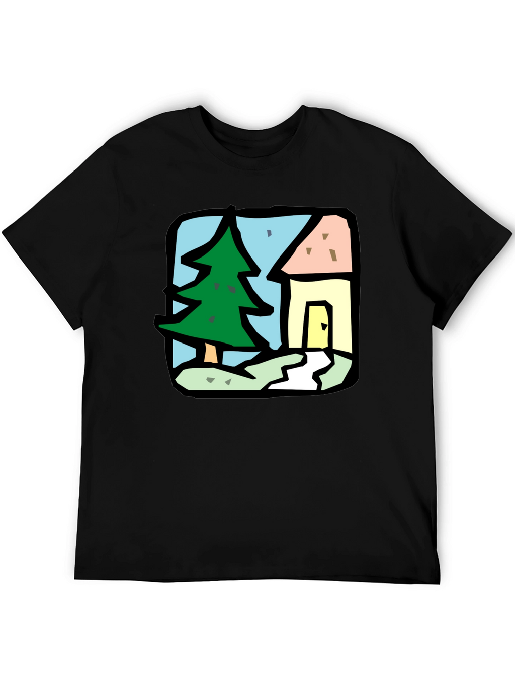 Cartoon House & Tree Black T-Shirt