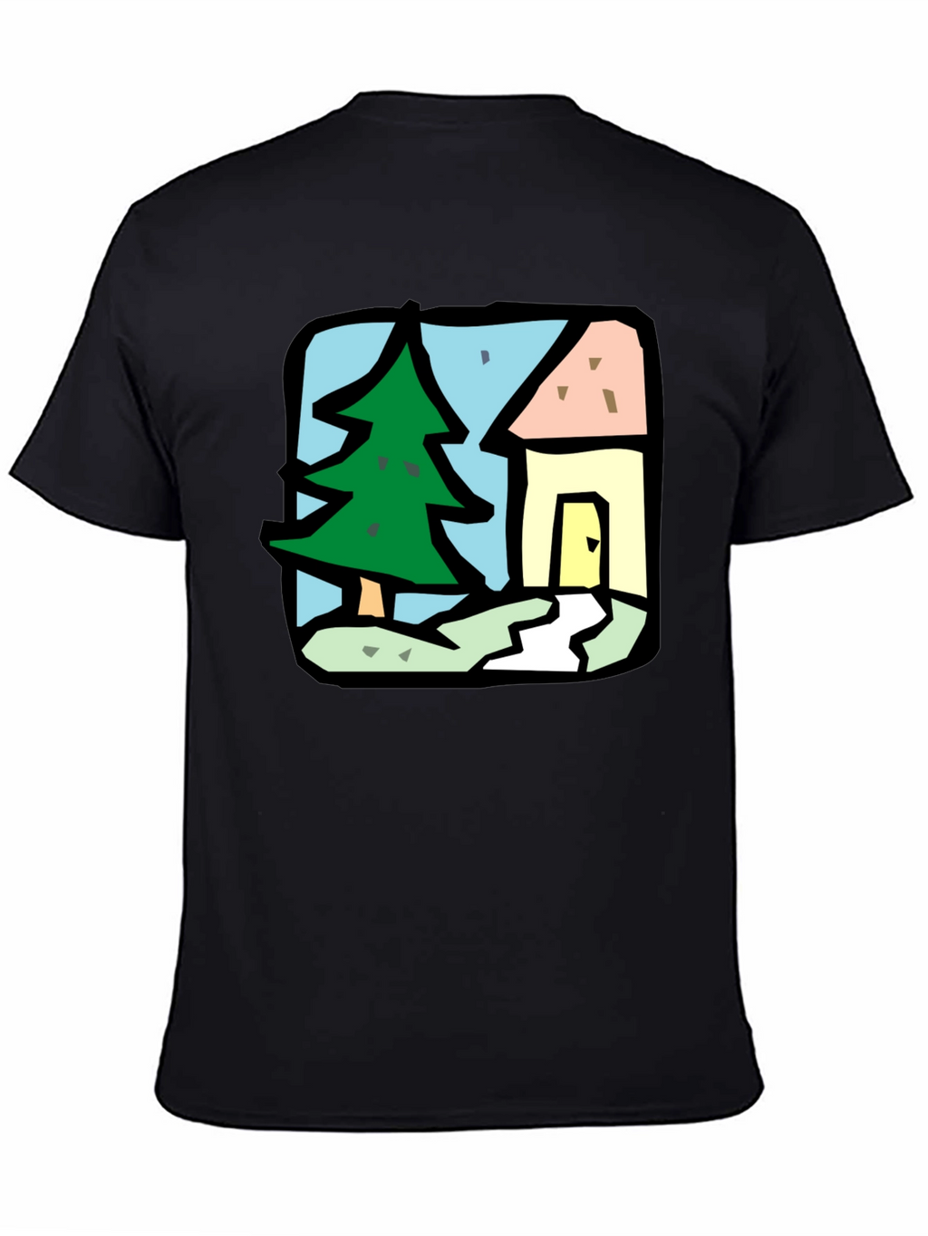 Cartoon House & Tree Black T-Shirt