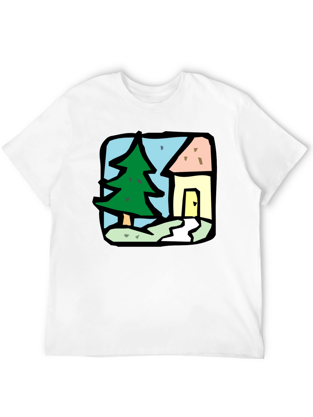 Cartoon House & Tree Black T-Shirt