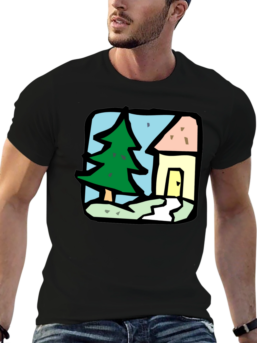 Cartoon House & Tree Black T-Shirt