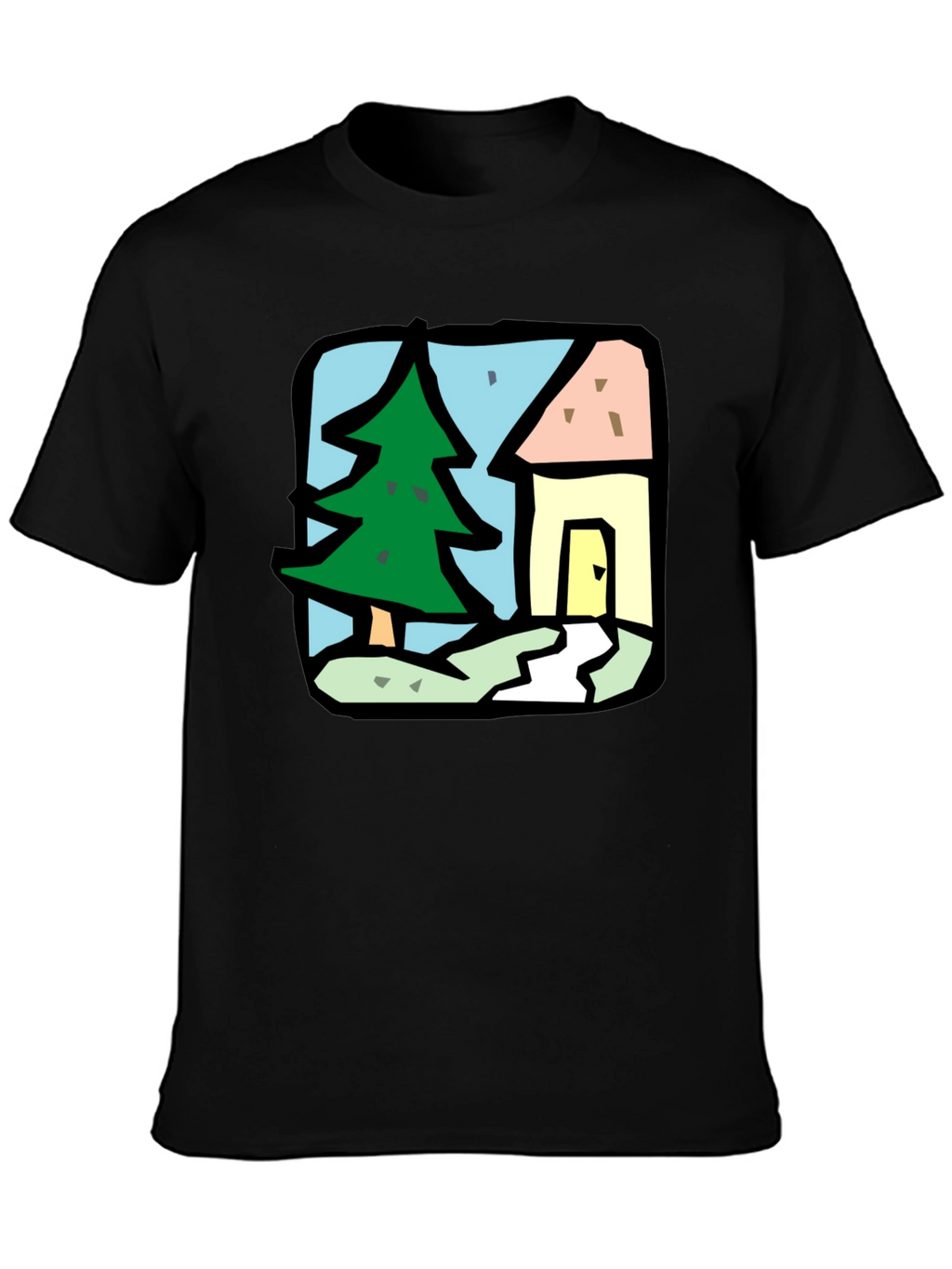 Cartoon House & Tree Black T-Shirt