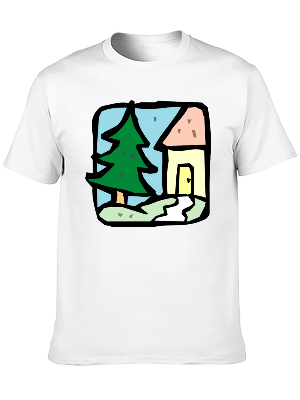 Cartoon House & Tree Black T-Shirt