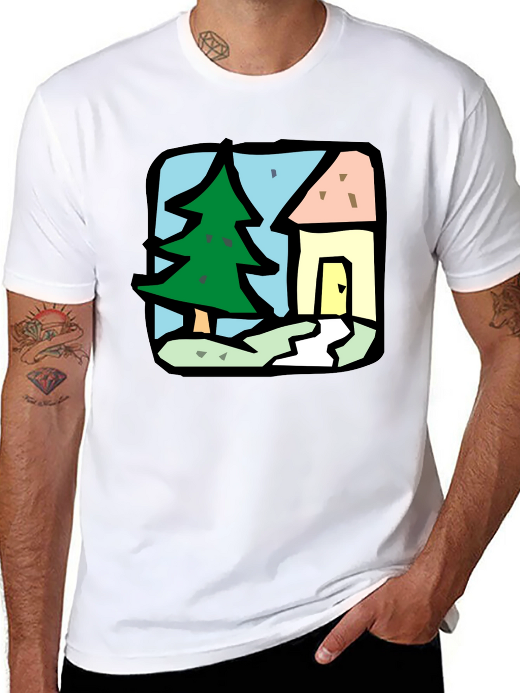 Cartoon House & Tree Black T-Shirt