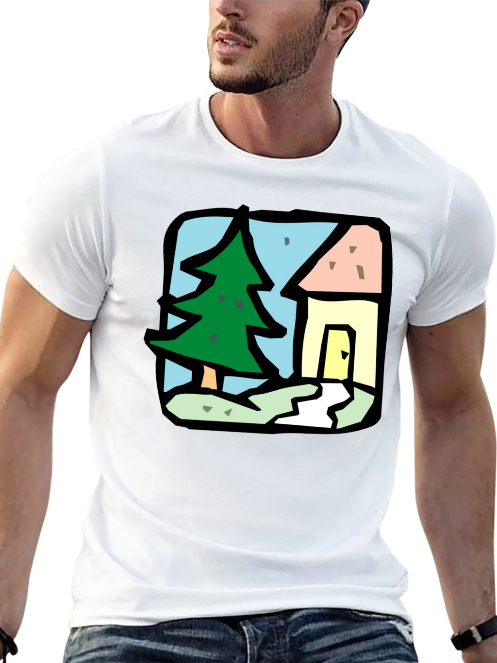 Cartoon House & Tree Black T-Shirt