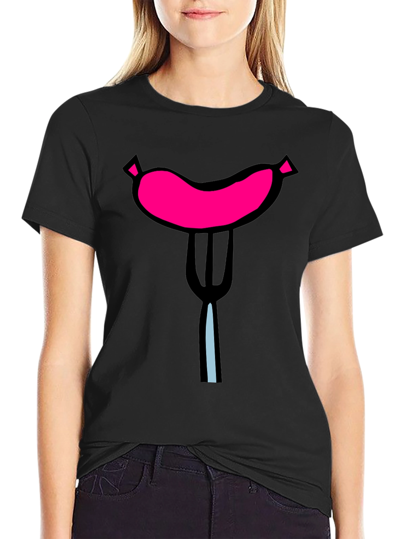 Funny Sausage on Fork Black T-Shirt