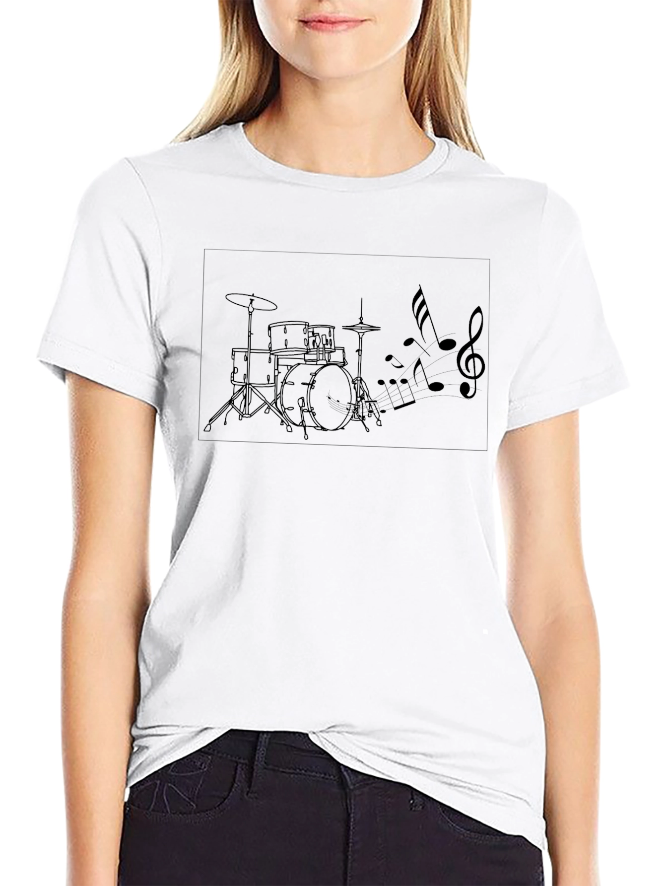 Drum Set Music Notes Black Graphic Tee
