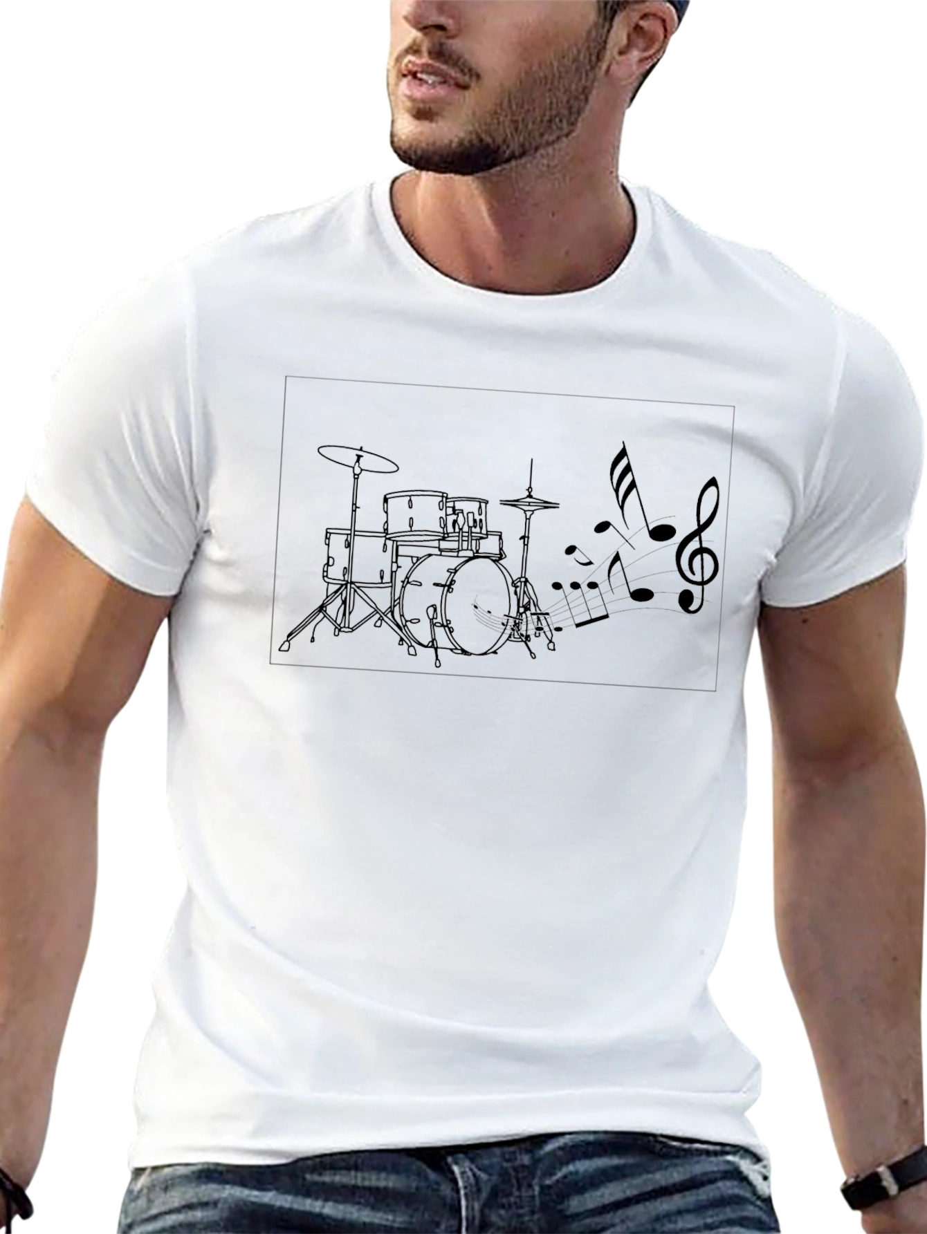 Drum Set Music Notes Black Graphic Tee