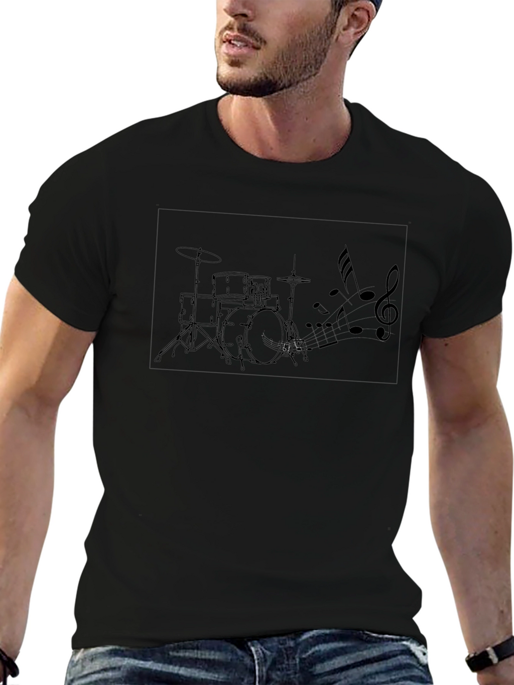 Drum Set Music Notes Black Graphic Tee