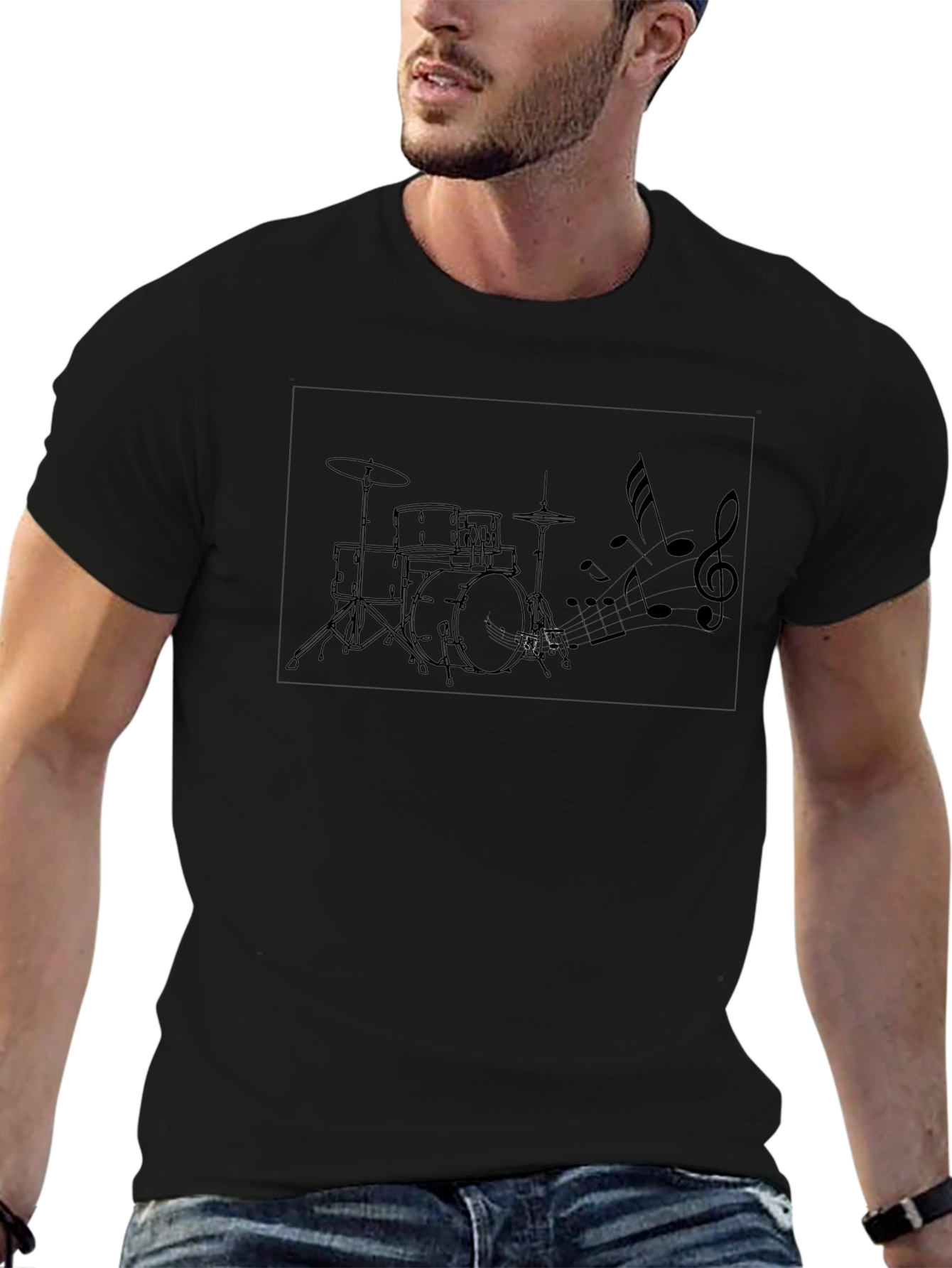 Drum Set Music Notes Black Graphic Tee