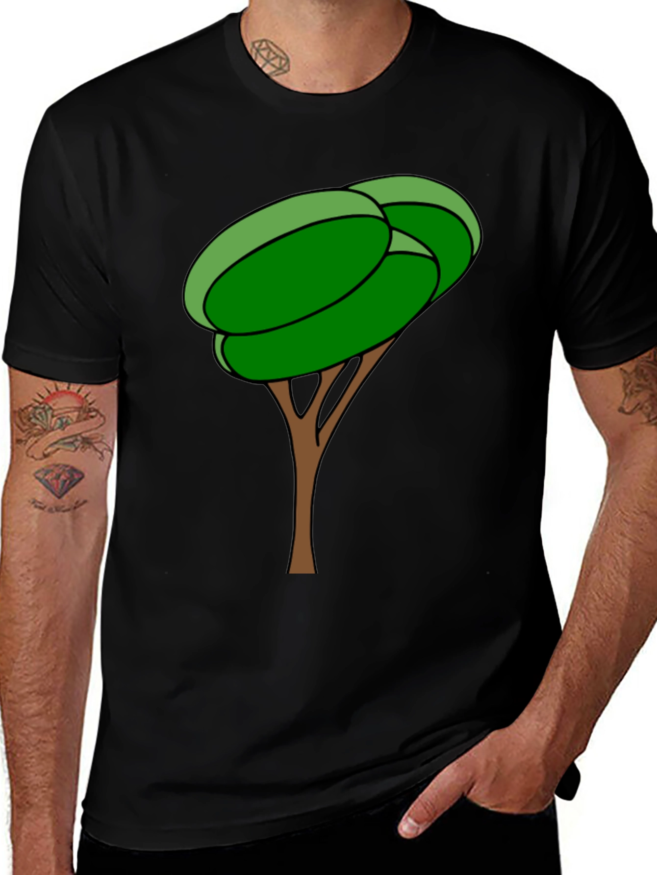 Cartoon Tree Graphic Tee - Black Cotton Blend Shirt