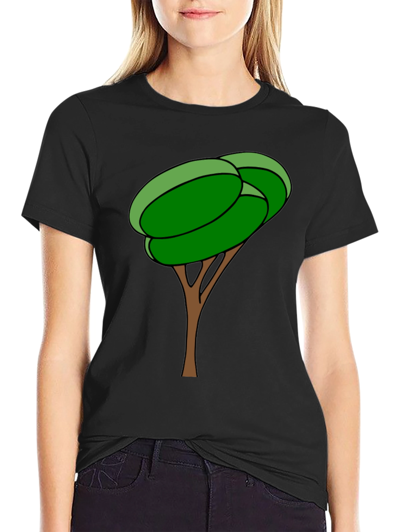 Cartoon Tree Graphic Tee - Black Cotton Blend Shirt