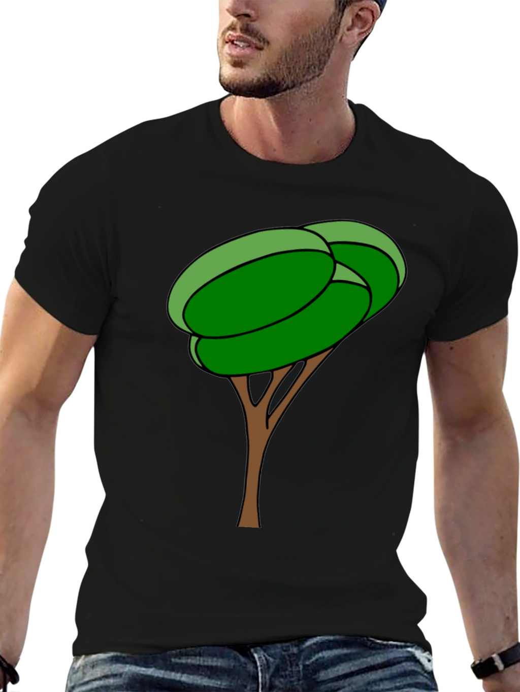 Cartoon Tree Graphic Tee - Black Cotton Blend Shirt