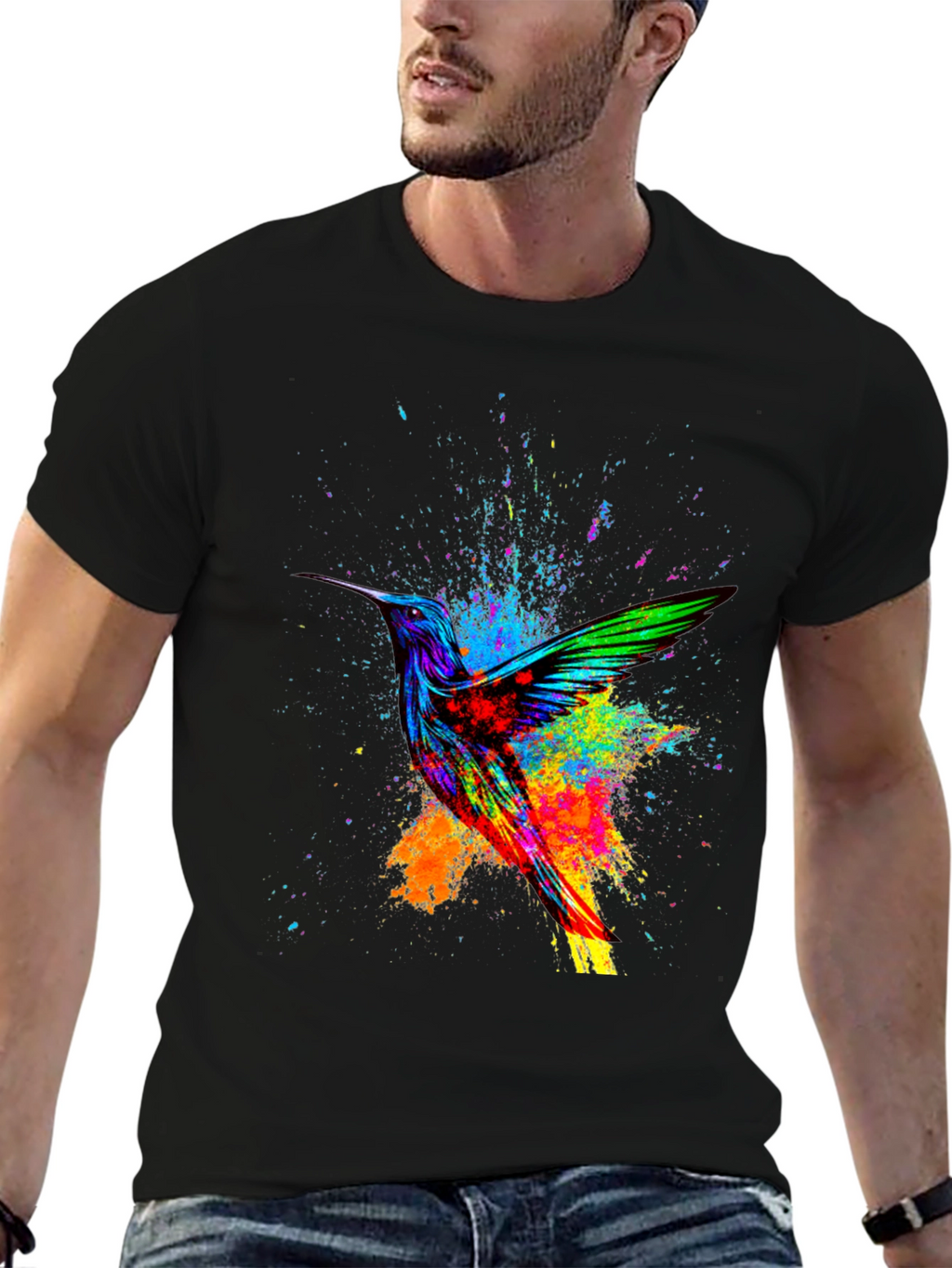Hummingbird Splatter Art Graphic Tee - Black