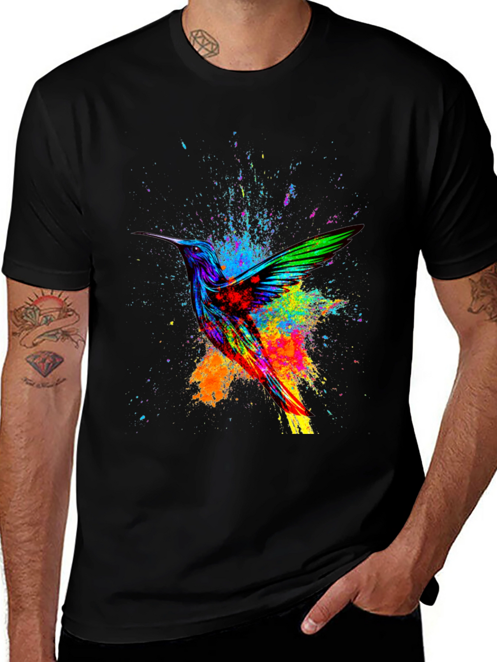 Hummingbird Splatter Art Graphic Tee - Black