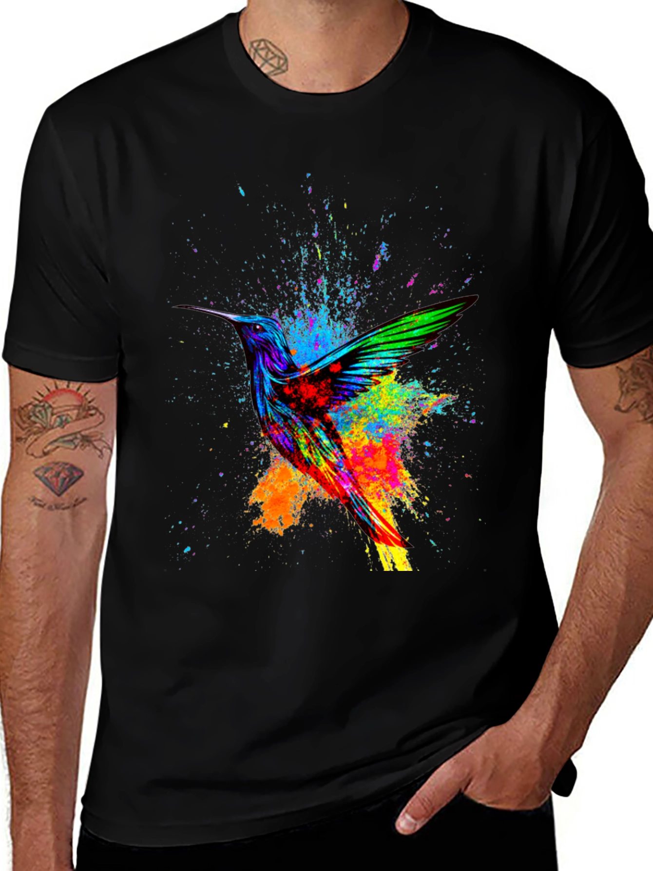 Hummingbird Splatter Art Graphic Tee - Black