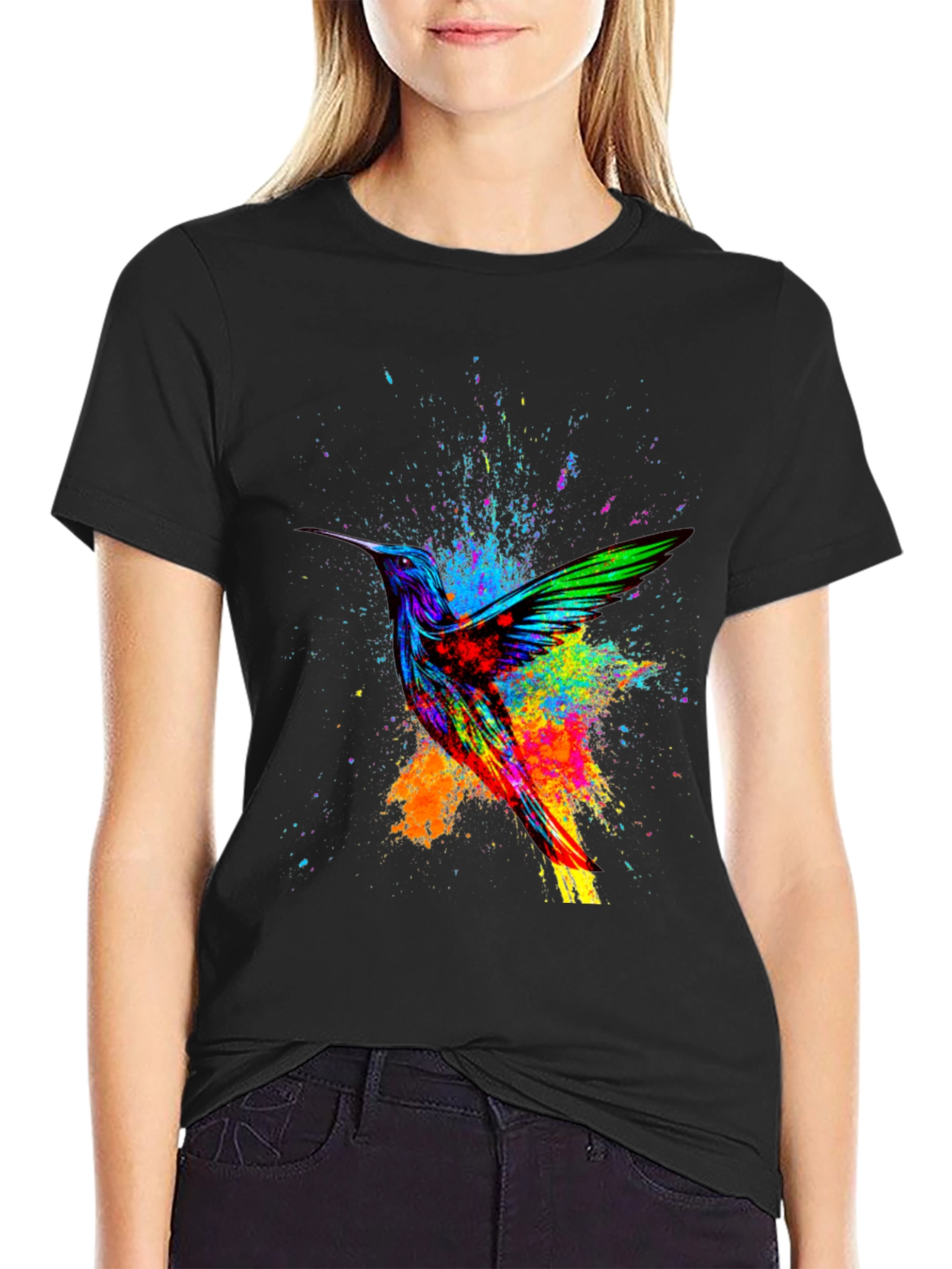 Hummingbird Splatter Art Graphic Tee - Black