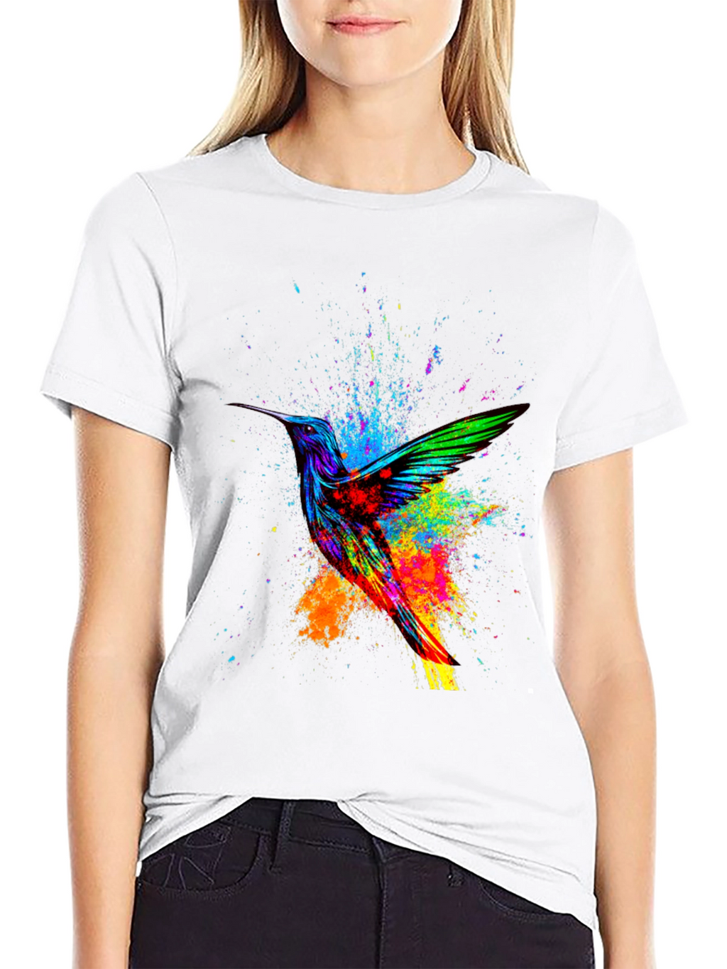 Hummingbird Splatter Art Graphic Tee - Black