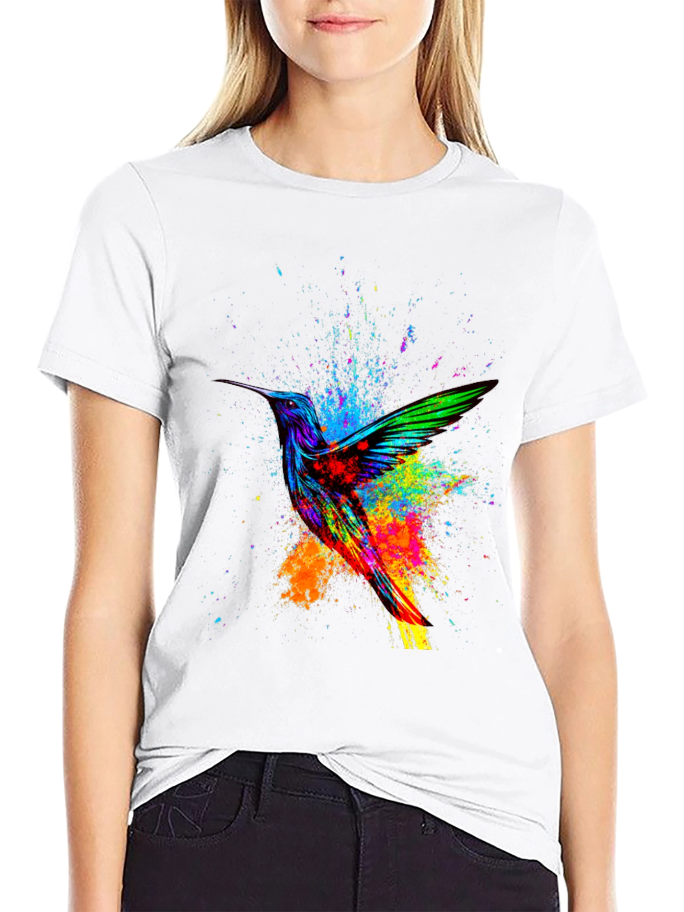 Hummingbird Splatter Art Graphic Tee - Black