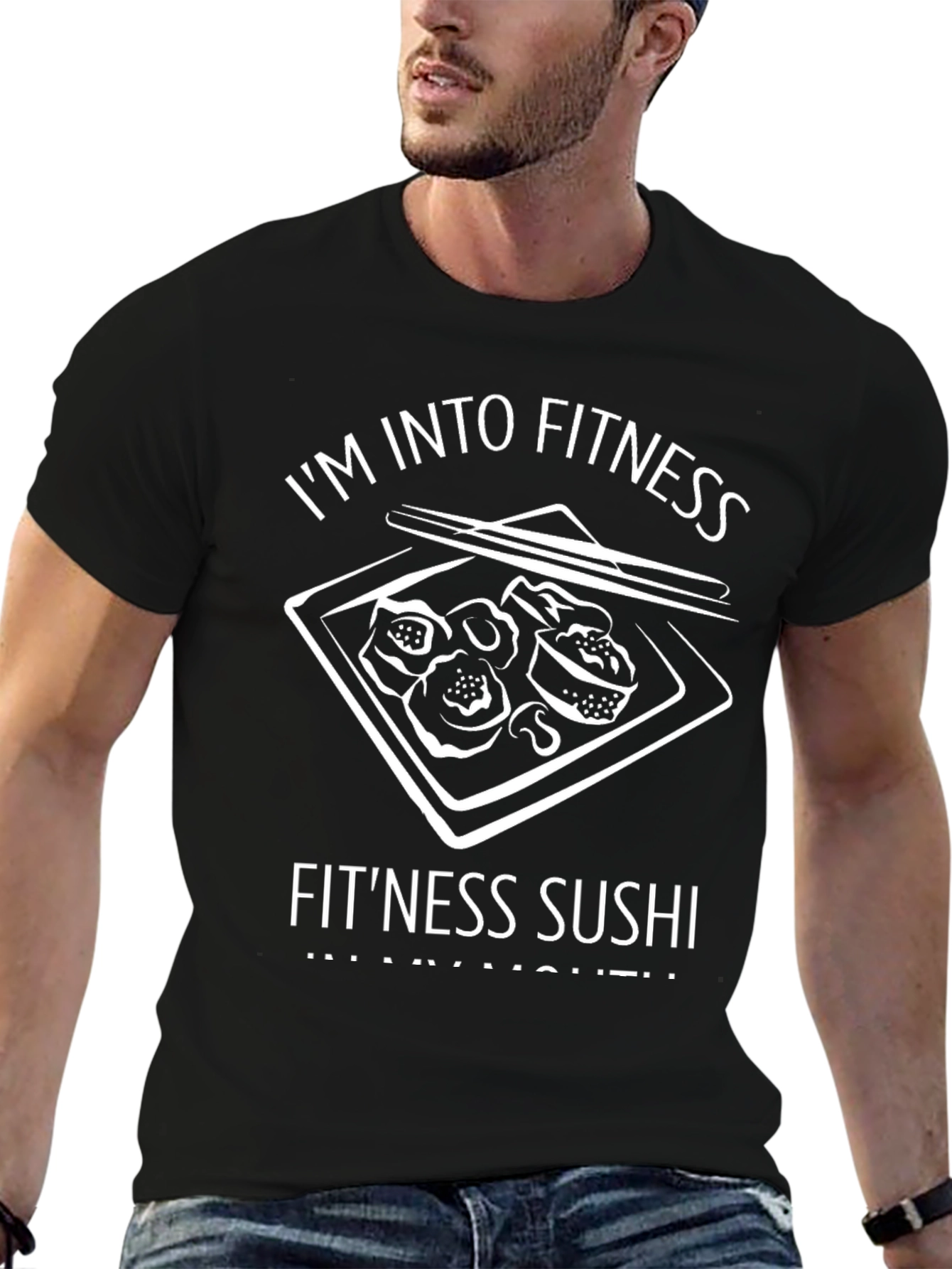 Fitness Sushi Graphic Tee - Black Cotton T-Shirt