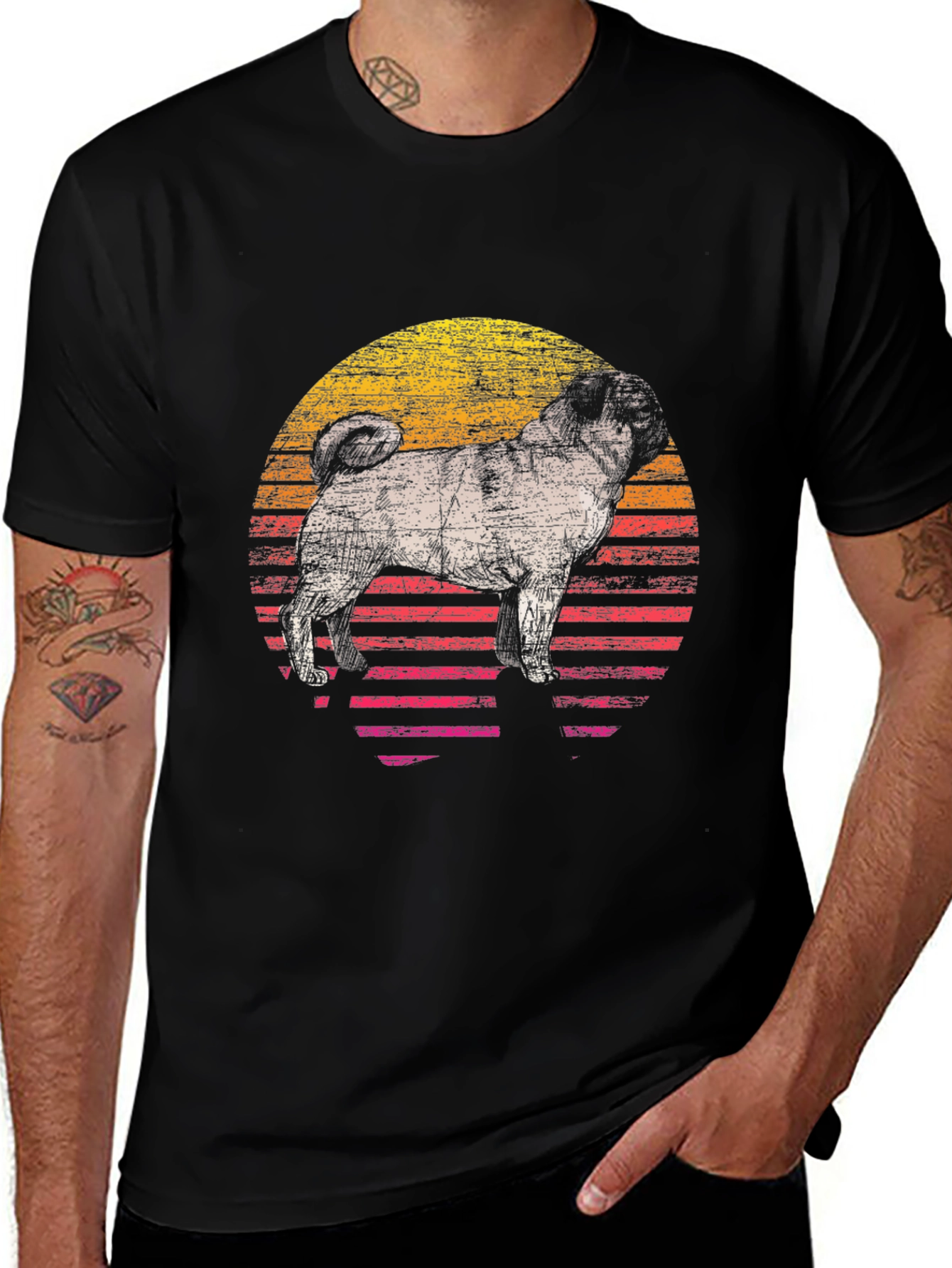 Retro Pug Sunset Graphic Tee - Cool Dog Lover Shirt