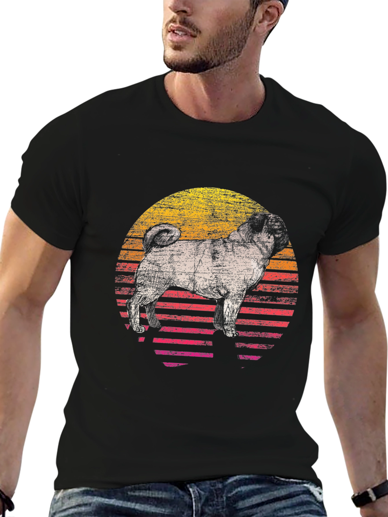 Retro Pug Sunset Graphic Tee - Cool Dog Lover Shirt