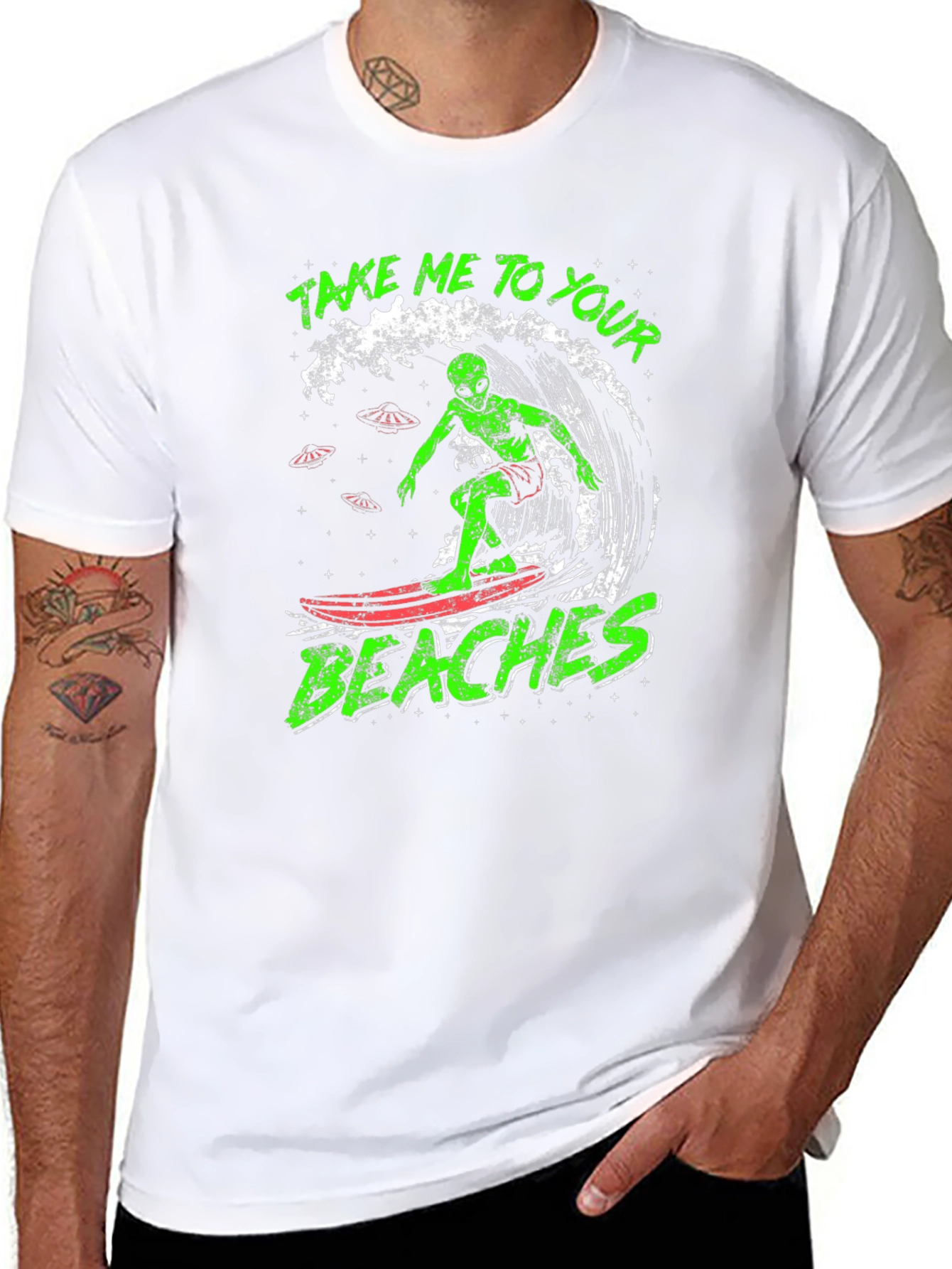 Alien Surfing Graphic Tee - Take Me To Your Beaches