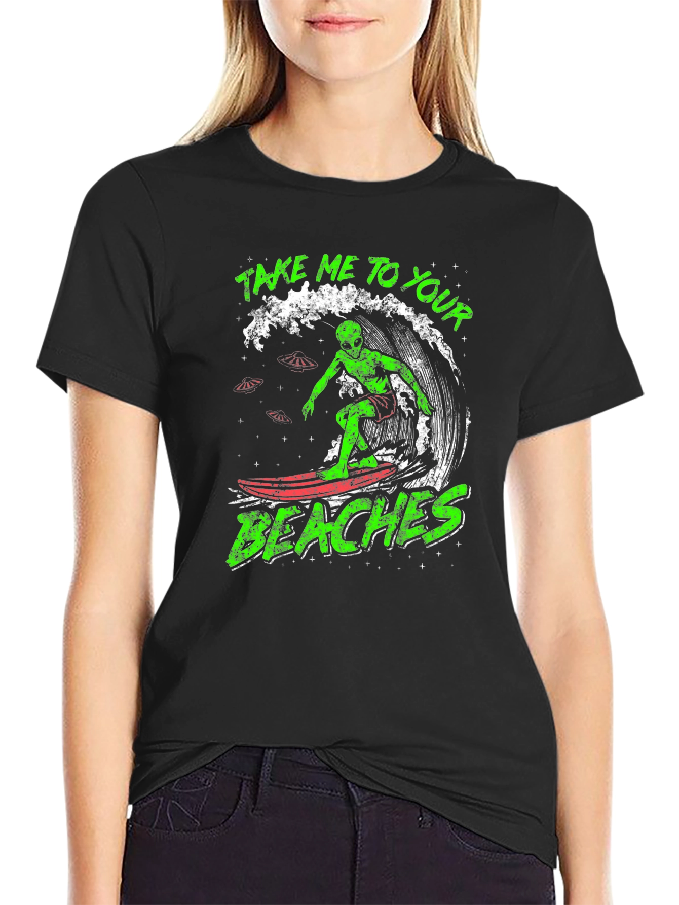 Alien Surfing Graphic Tee - Take Me To Your Beaches