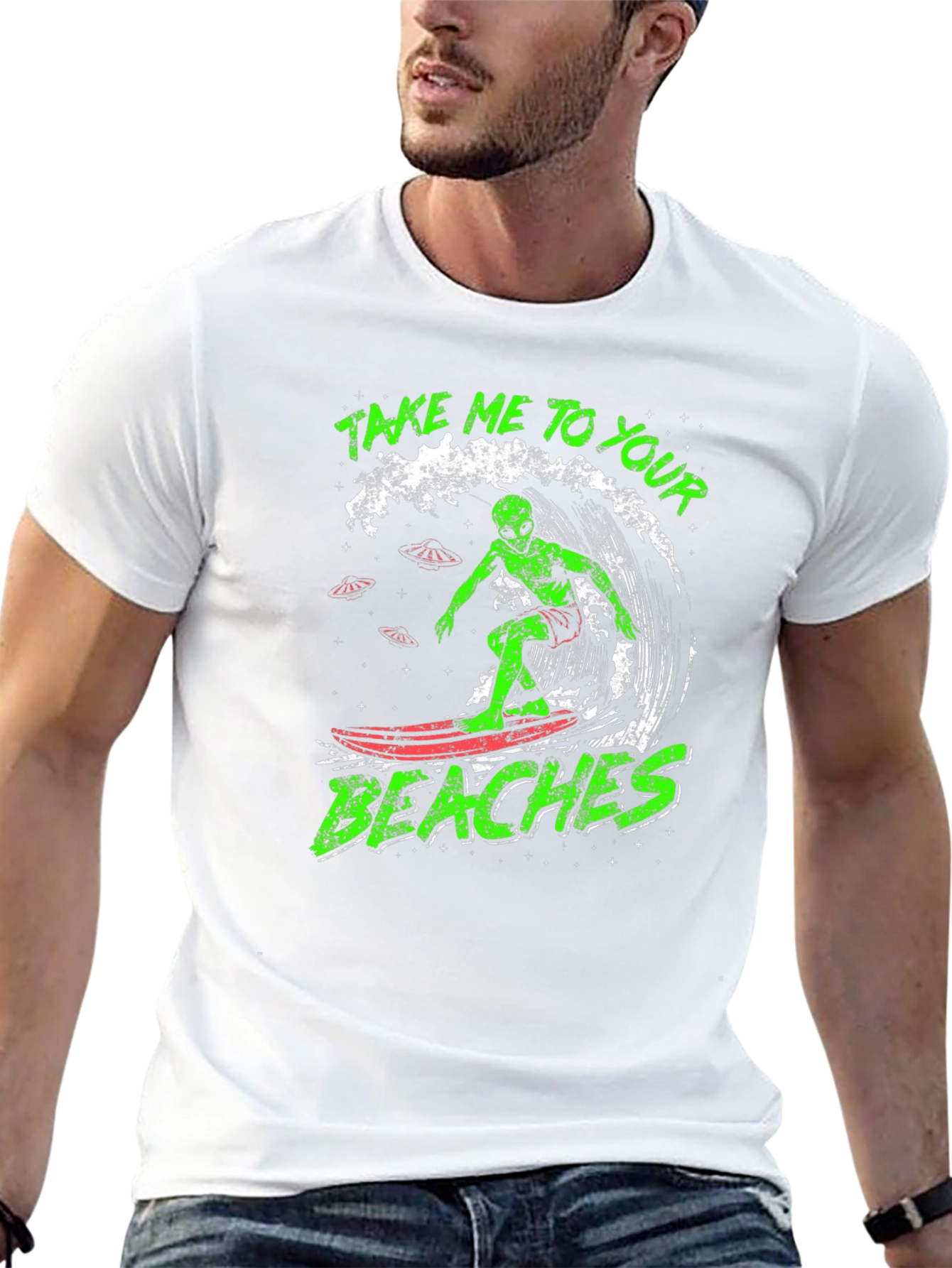Alien Surfing Graphic Tee - Take Me To Your Beaches