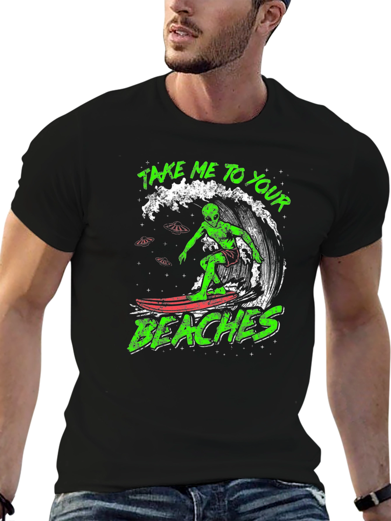 Alien Surfing Graphic Tee - Take Me To Your Beaches