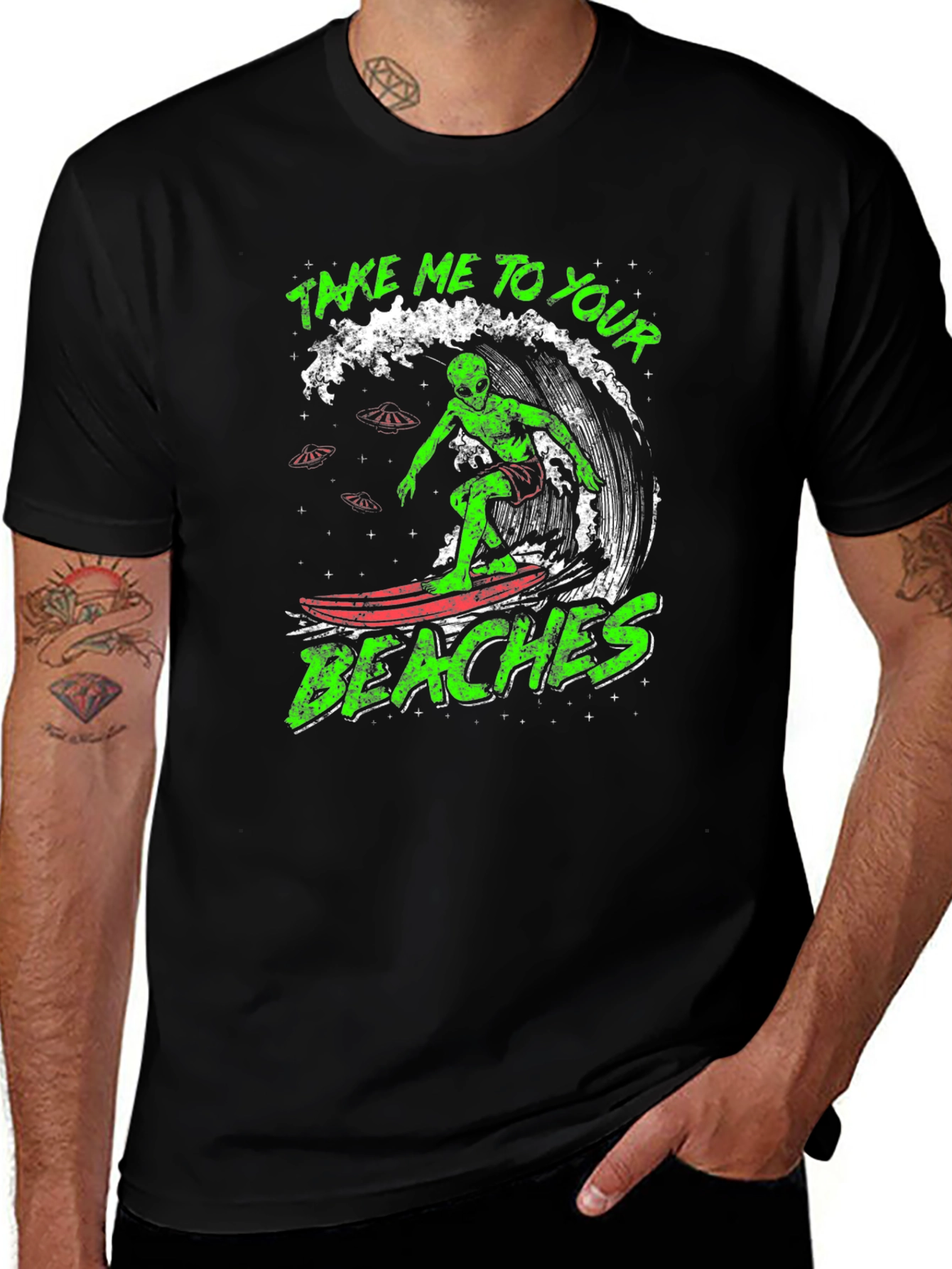Alien Surfing Graphic Tee - Take Me To Your Beaches