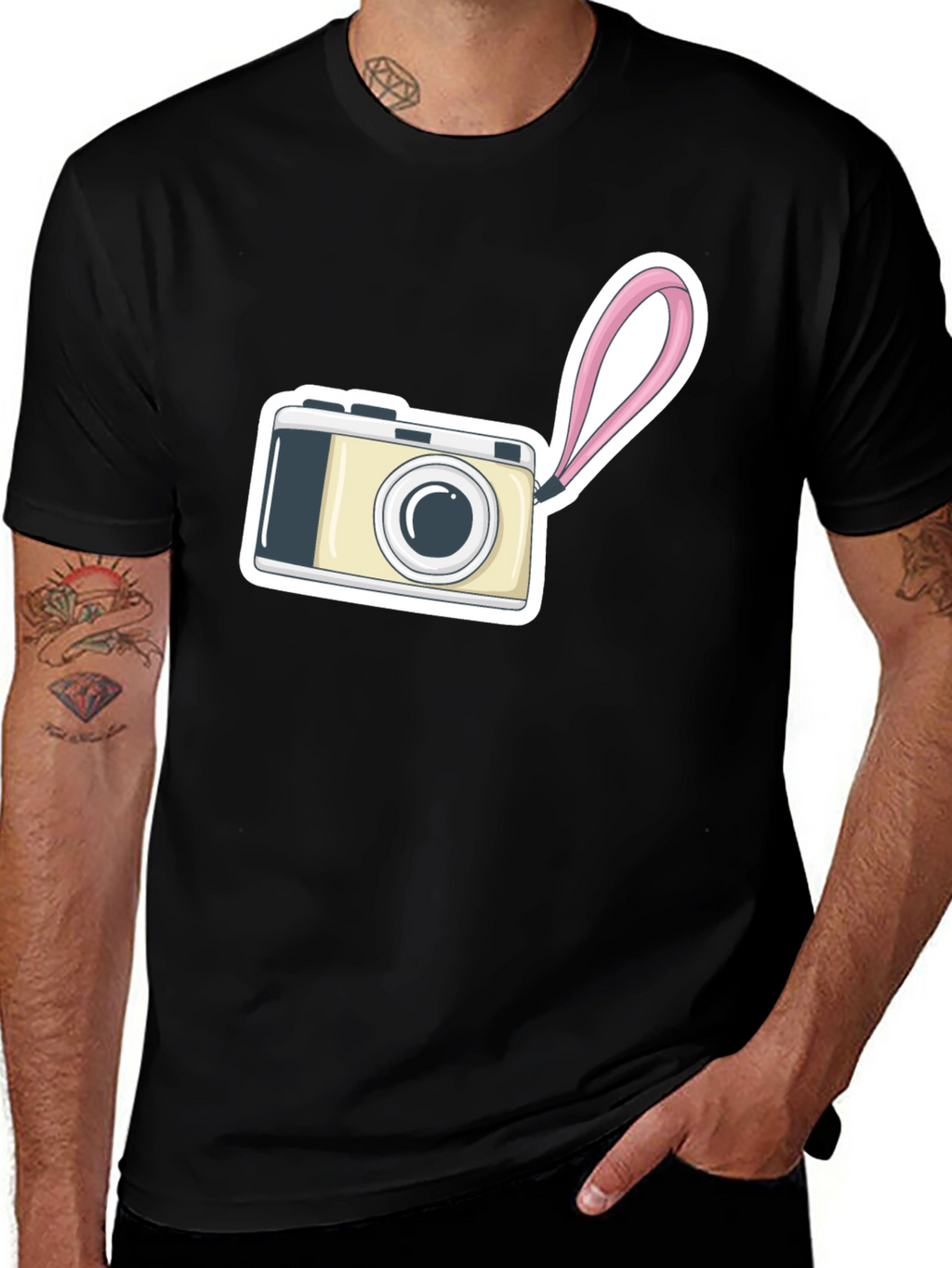 Black T-Shirt with Camera Graphic Print