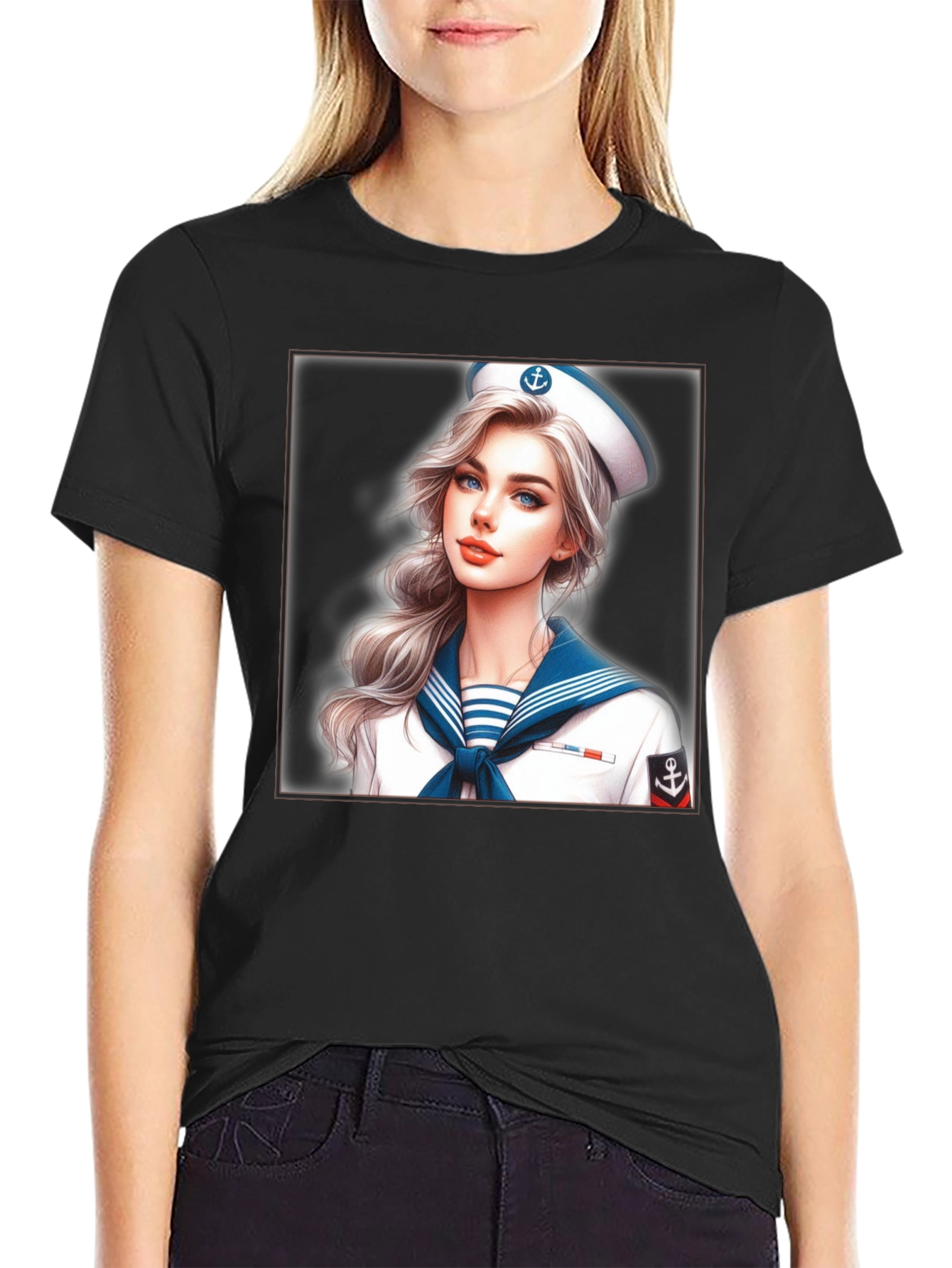 Sailor Girl Graphic Tee - Black Cotton T-Shirt