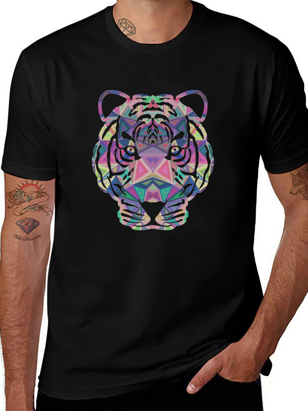 Geometric Tiger Graphic Tee - Stylish Mens Black T-Shirt