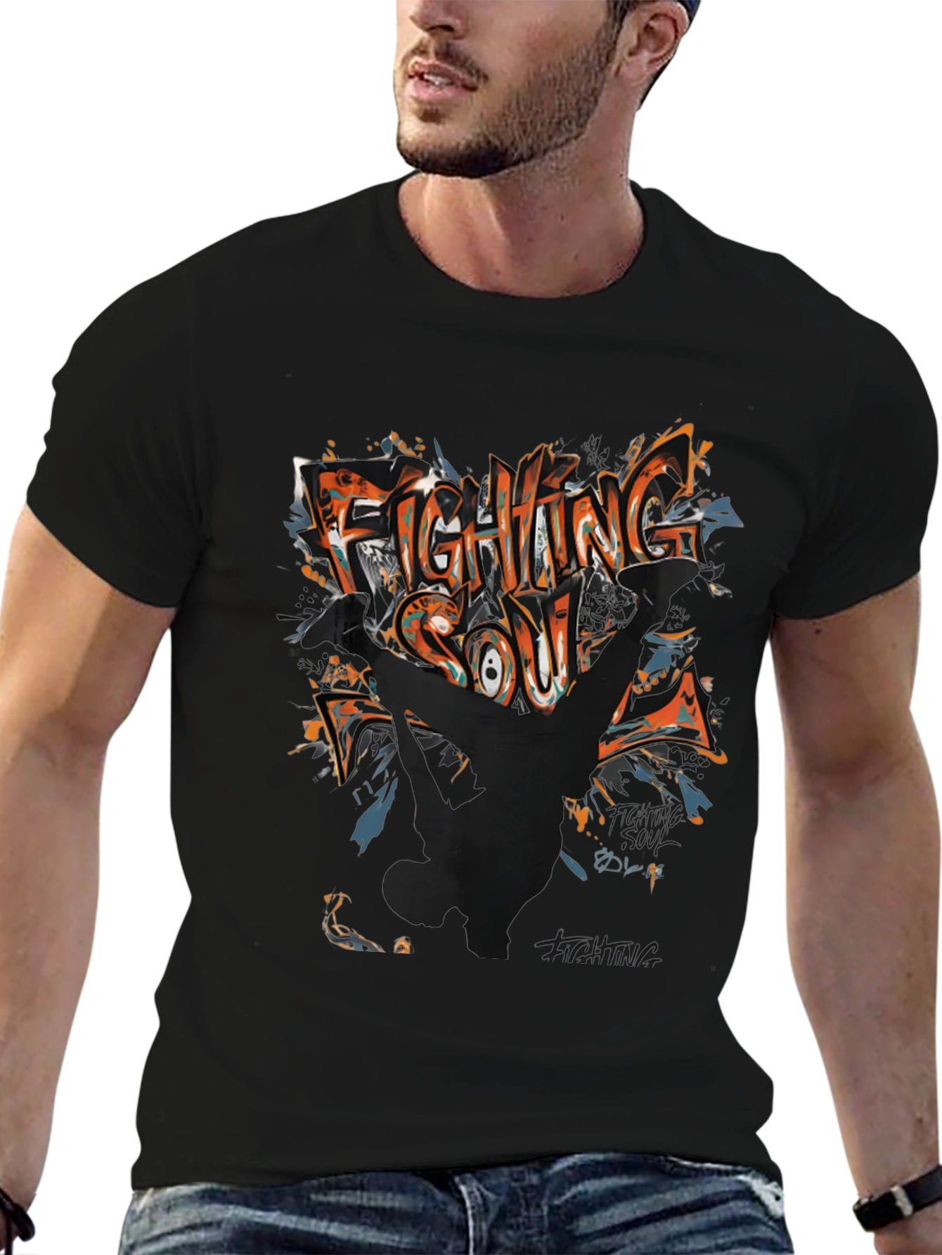 Fighting Soul Graphic Print Black T-Shirt