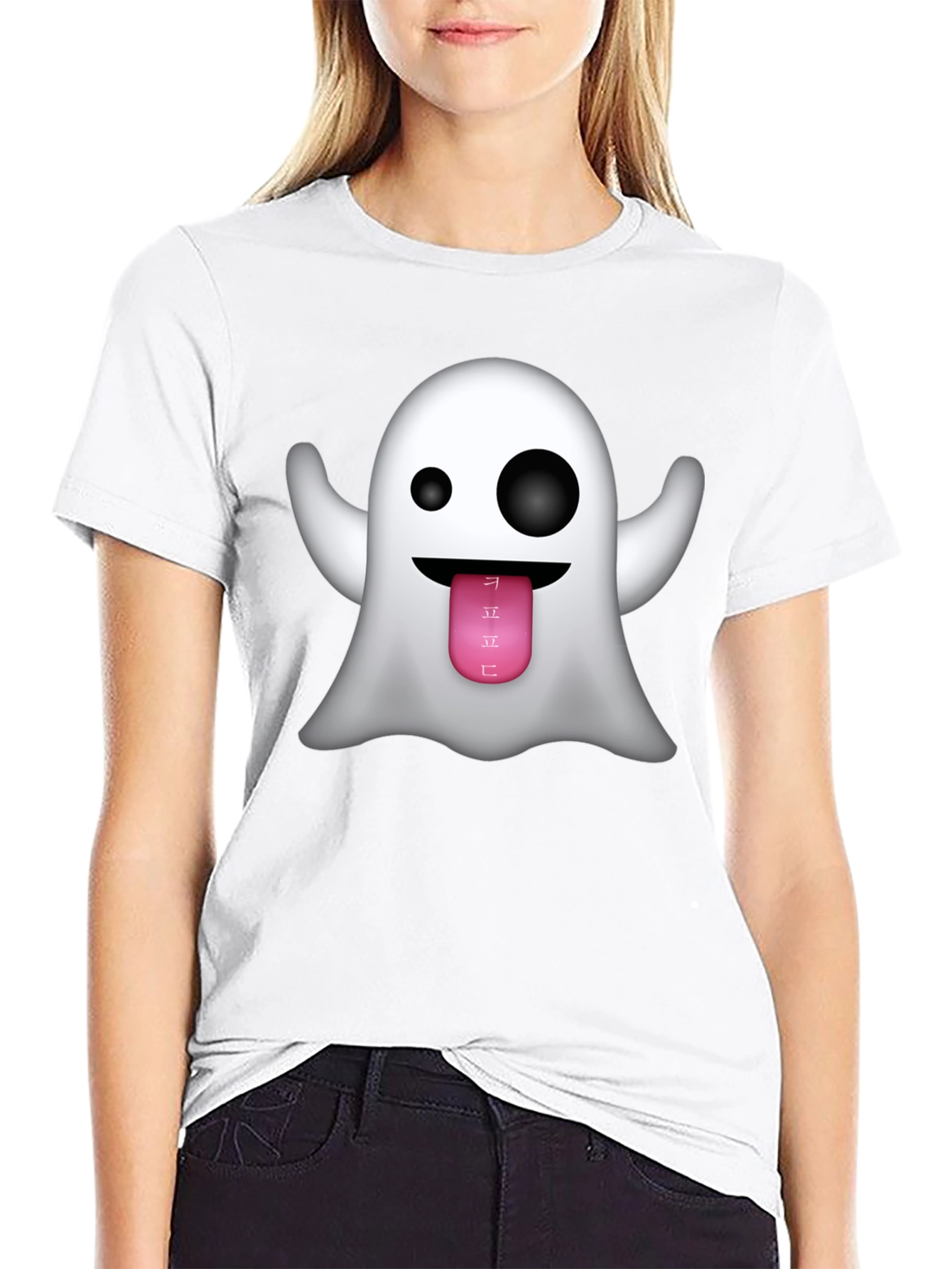 Ghost Emoji Graphic Tee - Black Crew Neck