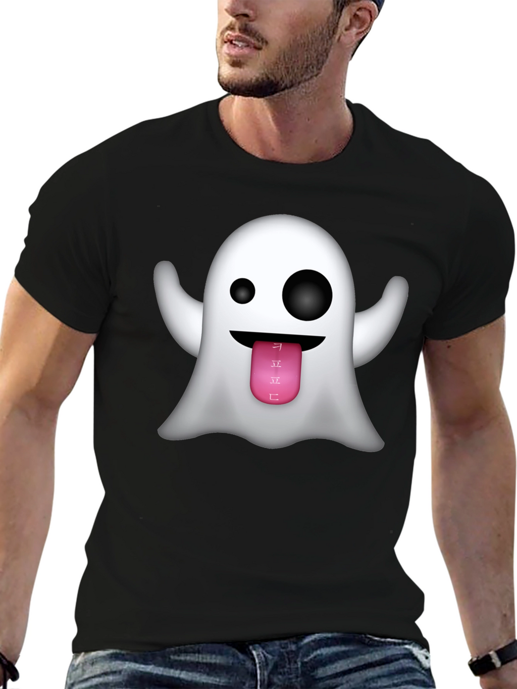 Ghost Emoji Graphic Tee - Black Crew Neck