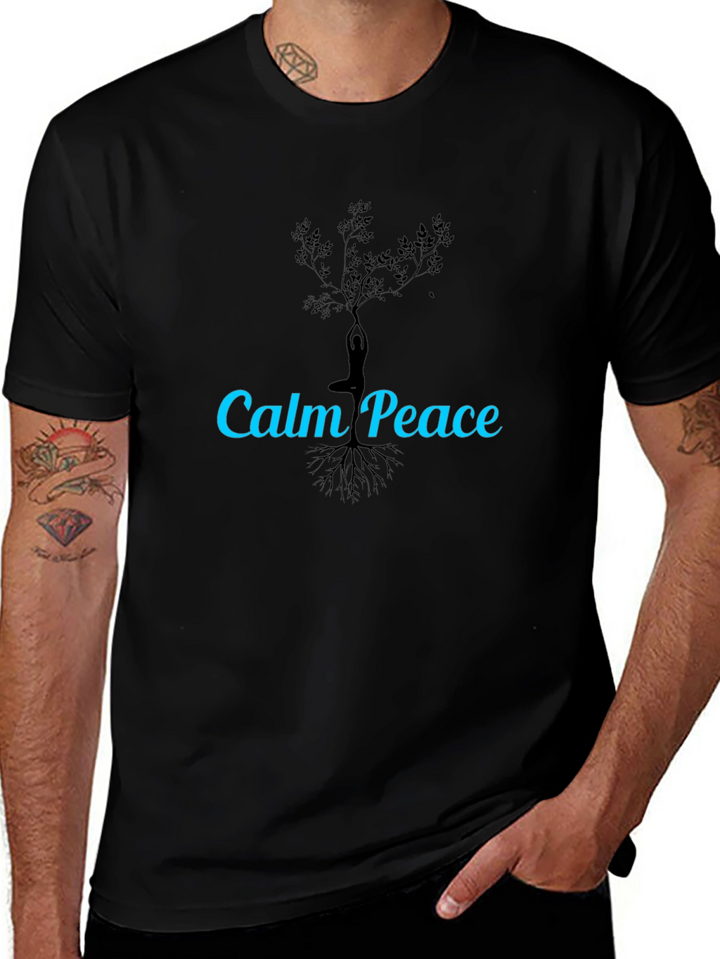 Calm Peace Yoga Tree Black T-Shirt