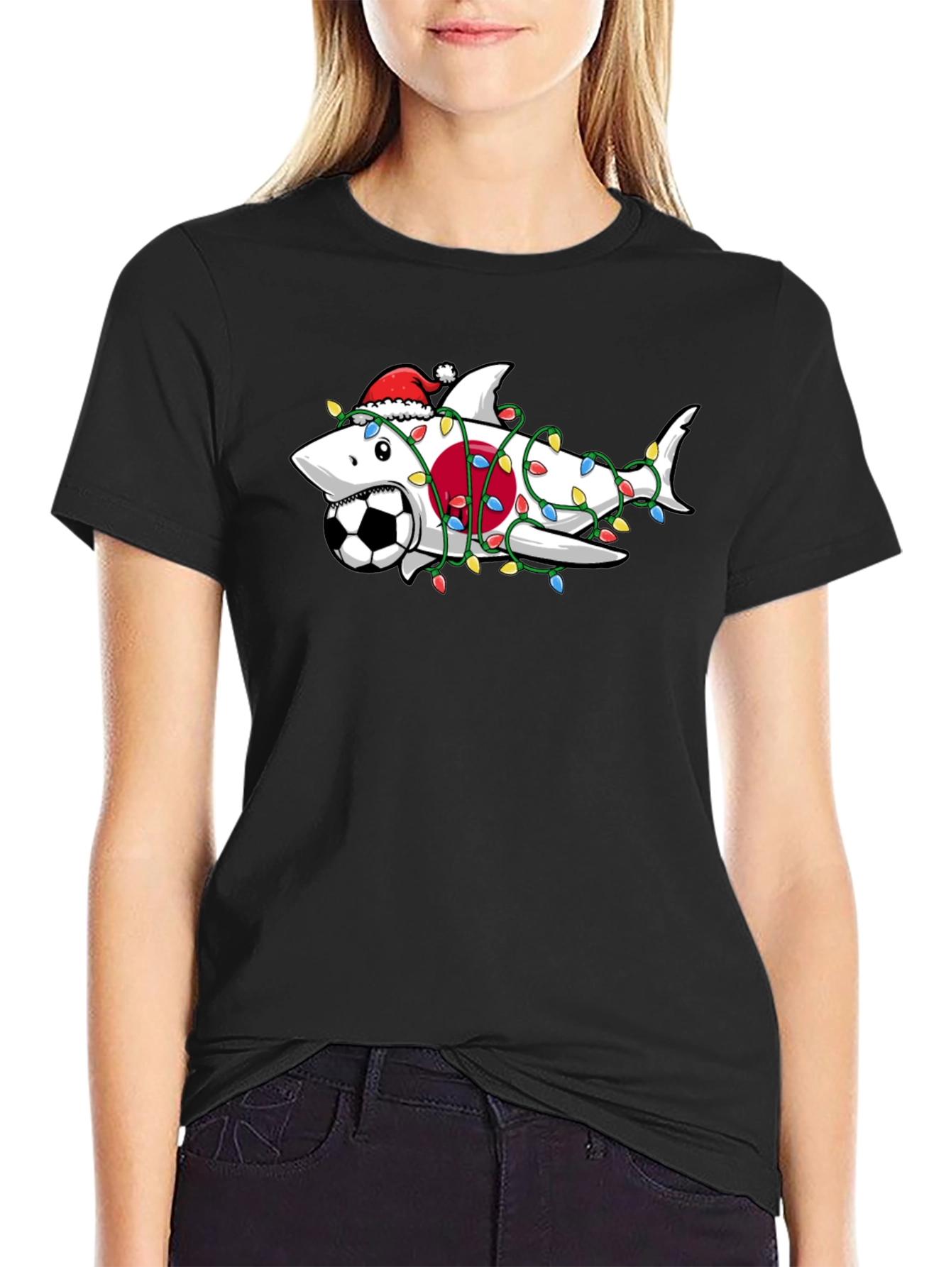 Holiday Shark Soccer Black T-Shirt