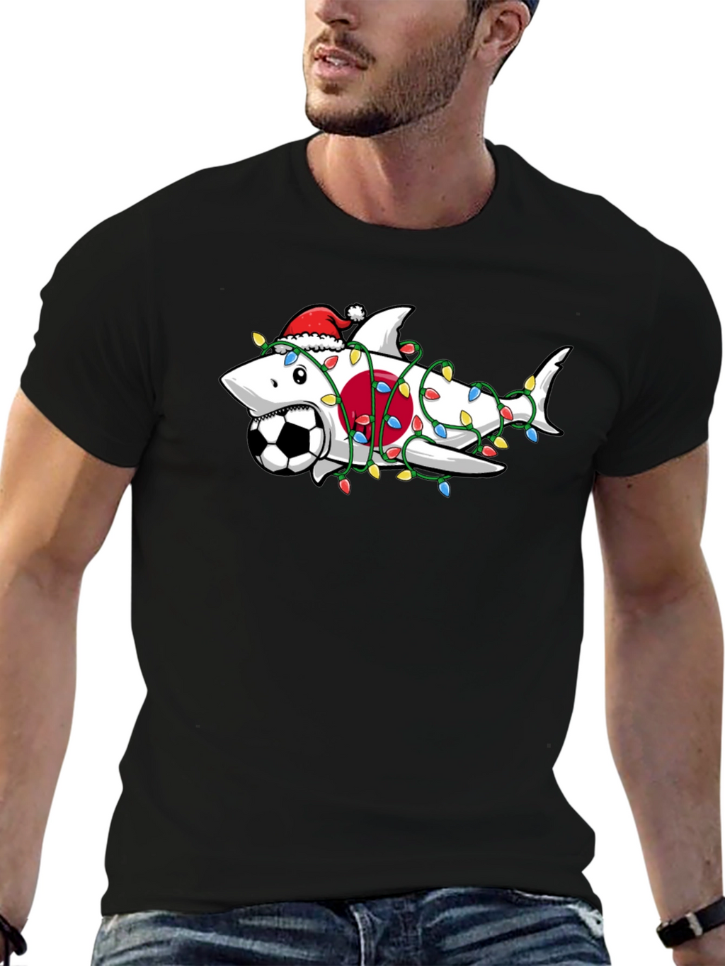 Holiday Shark Soccer Black T-Shirt