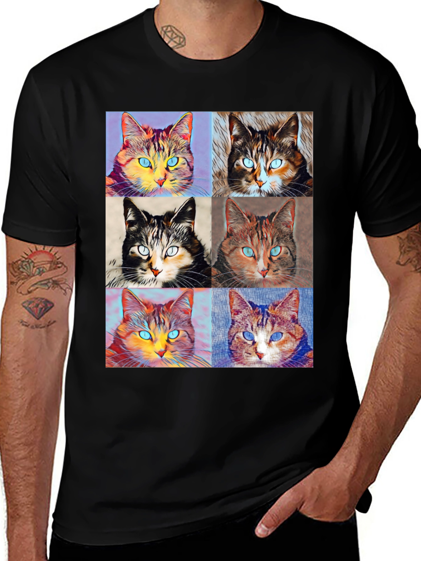 Pop Art Cat T-Shirt - Black Cotton Graphic Tee